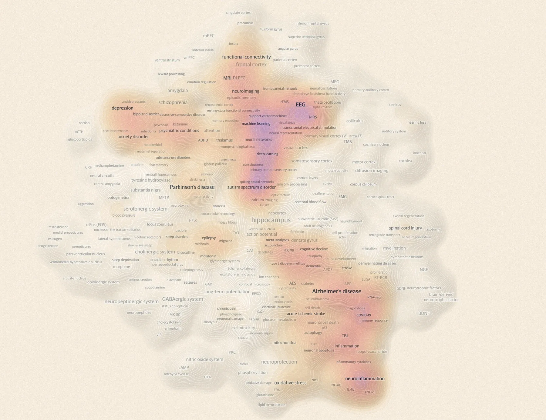 Semantic trend map of neuroscience topics from 1975 to 2024, sized and colored by publication volume in top scientific journals